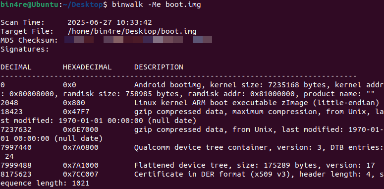 binwalk output for boot.img, showing an ARM zImage at offset 0x800 and gzip-compressed kernel data at 0x47F7.