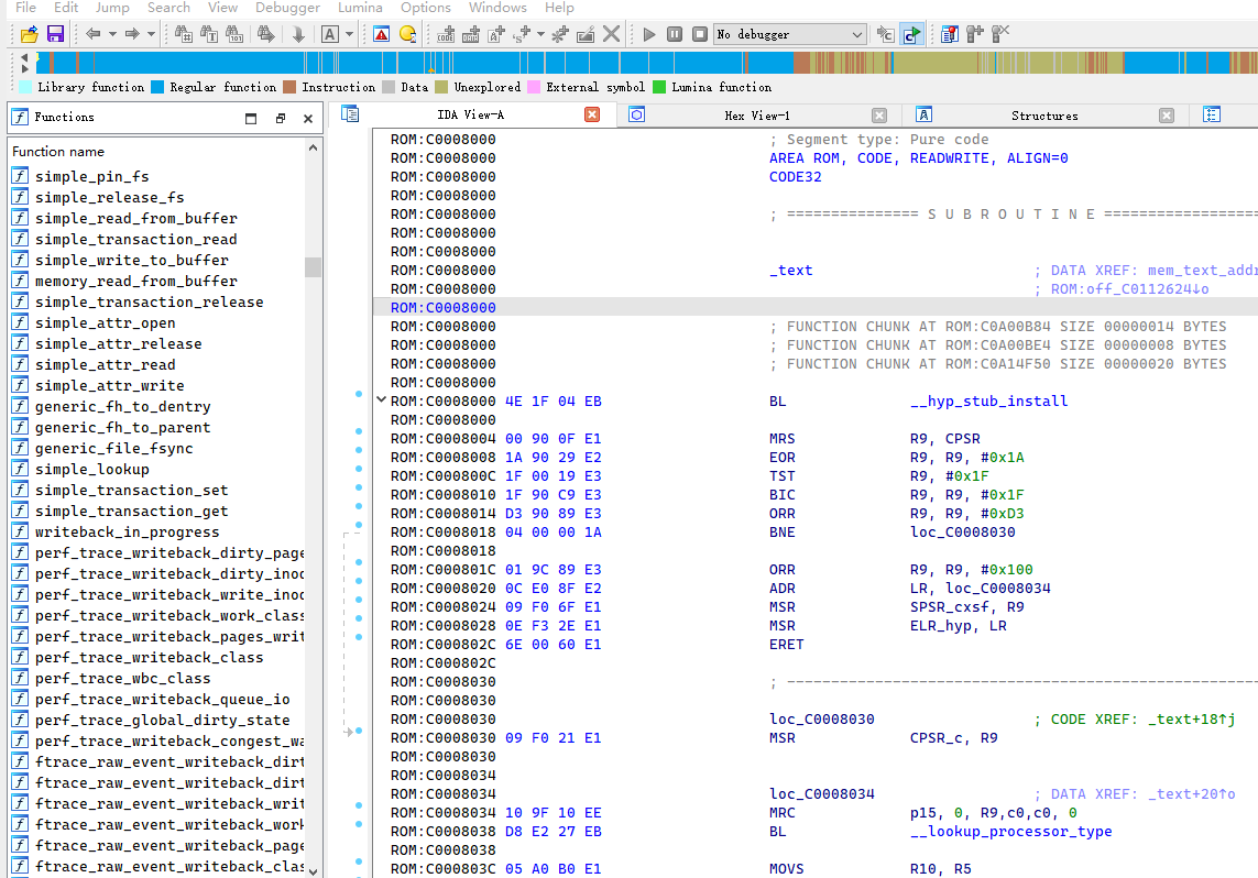 IDA displays the ARM kernel at 0xC0008000 with restored function names in the Functions panel and disassembly.