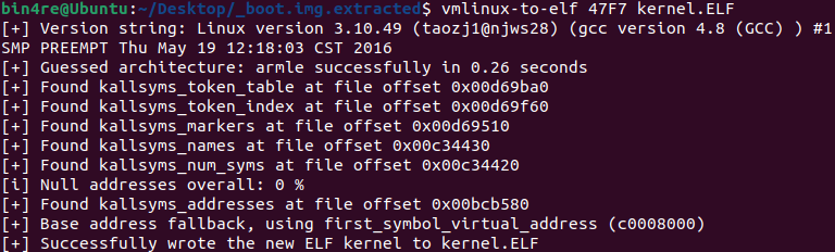 vmlinux-to-elf recovers kallsyms, uses a base address of 0xC0008000, and writes kernel.ELF successfully.